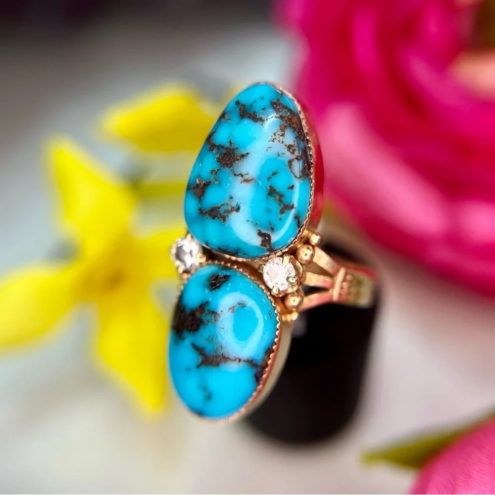 Vintage 14k Yellow Gold Turquoise Diamond Ring - Picture 14 of 15